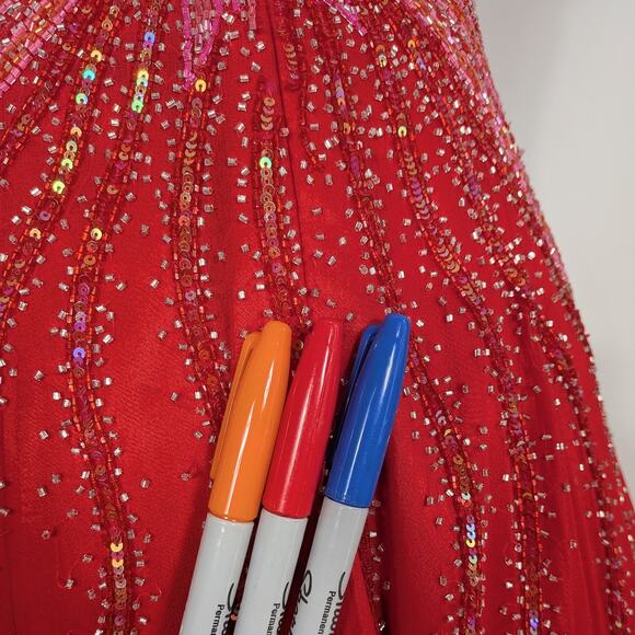 Alyce Prom Dress Maxi Gown XS Red Silk Princess Glam Strapless Y2K Bead Pink - Picture 11 of 16